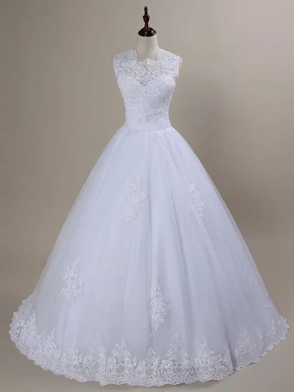 Modest Lace Covered Button Ball Gown Wedding Dresses