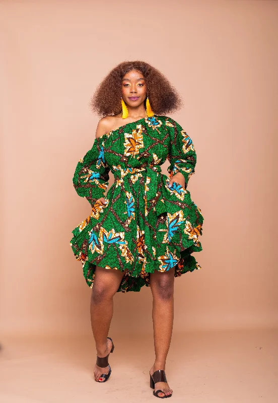 Sally Ankara Midi Dress | Green African Print Sleek Women's 