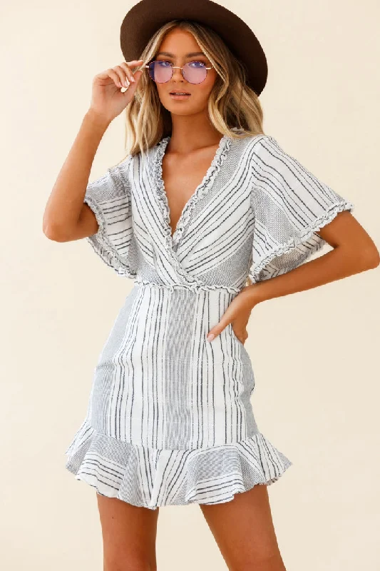 Ochre Open Back Bow Detail Dress Stripe Pattern White/Navy Cool Women's Skate
