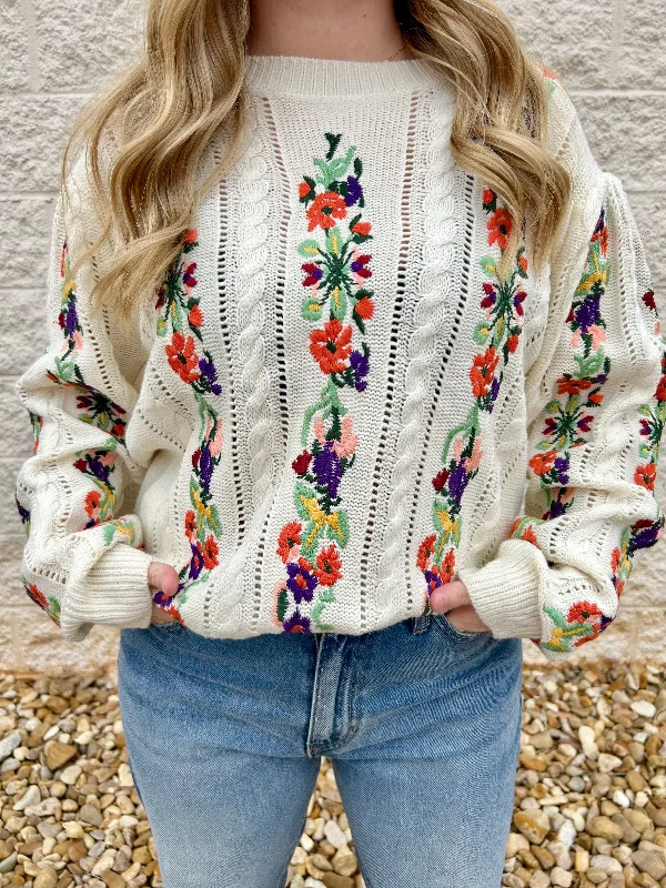 Buy Me Flowers Ivory Embroidered Sweater Cool Women's Distressed