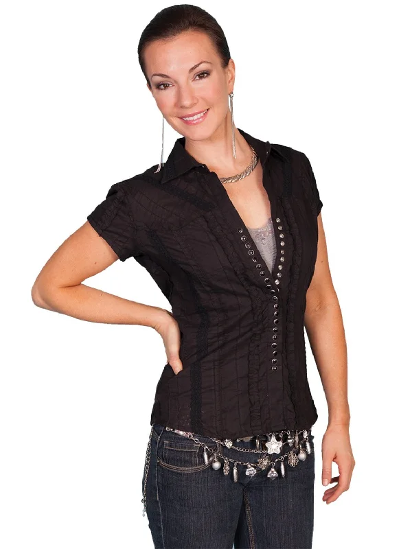 Scully Honey Creek Womens Black 100% Cotton Cap Sleeve Pleated Blouse Relaxed Women's Scully Honey Creek Womens Black 100% Cotton Cap Sleeve Pleated Blouse Relaxed Women's