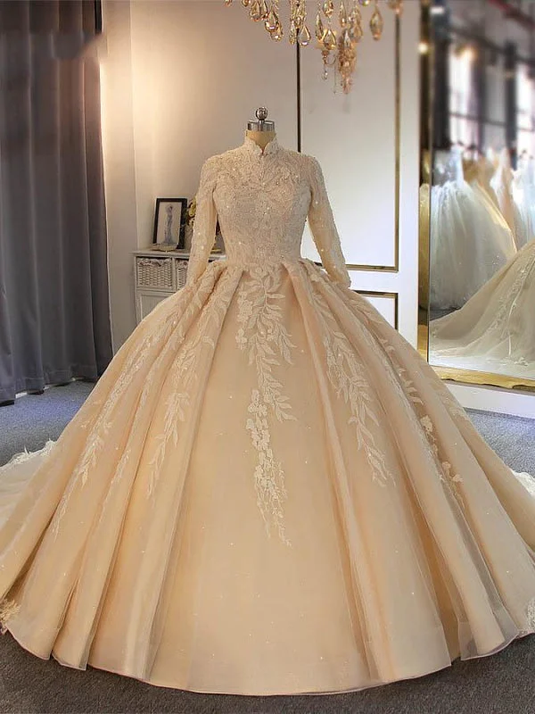 Exquisite High Collar Long Sleeve Lace-Up Ball Gown Wedding Dresses