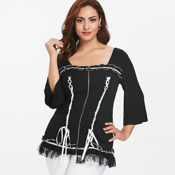 ANALUKE Plus Size Lace Up Panel Ribbed Long Sleeve T-Shirt