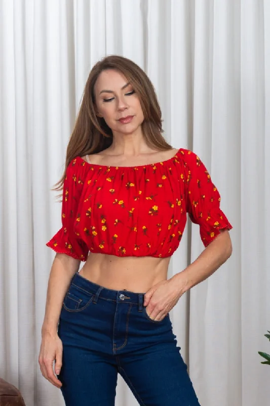 Floral Printed Short Sleeve Crop Top (185486)