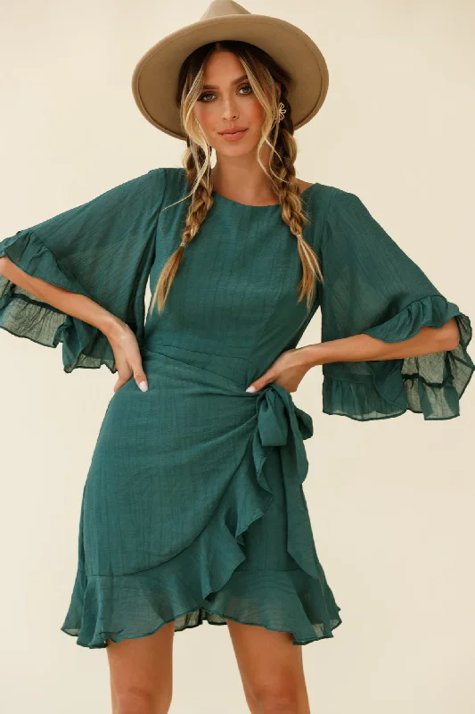 Make It Happen Flared Sleeve Ruffle Trim Dress Green Gym