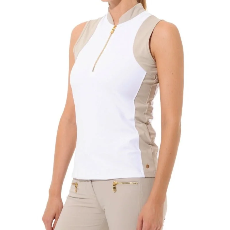 MDC S/L Zip Mock Neck Top - White/Taupe