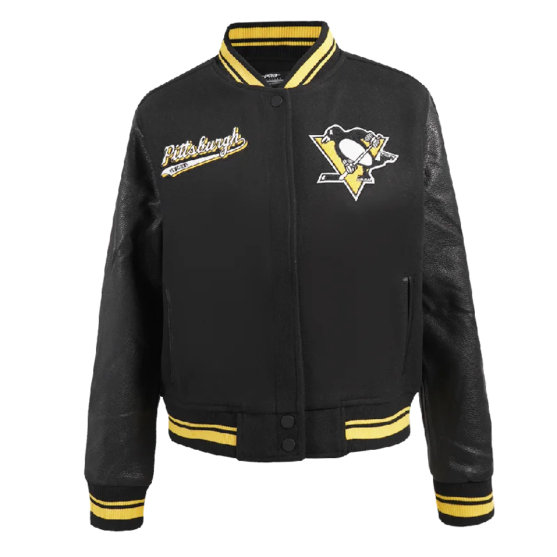 NHL PITTSBURGH PENGUINS SCRIPT TAIL WOMEN'S WOOL VARSITY JACKET (BLACK/YELLOW) Sporty Women's Tennis