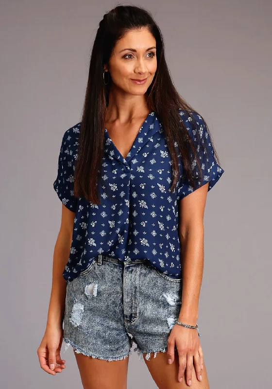 Stetson Womens Blue Rayon/Nylon Vintage Ditzy S/S Blouse Youthful Women's Pop