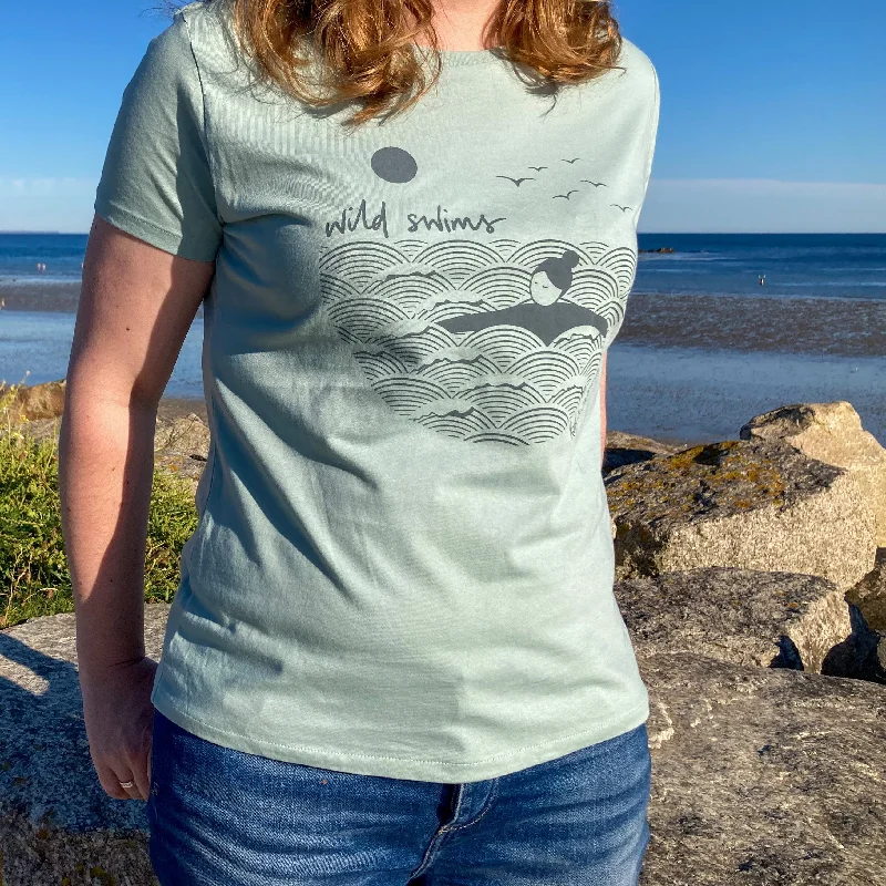 Summer green | organic cotton hand screen printed wild swimming women's t-shirt Tough Women's Military - inspired