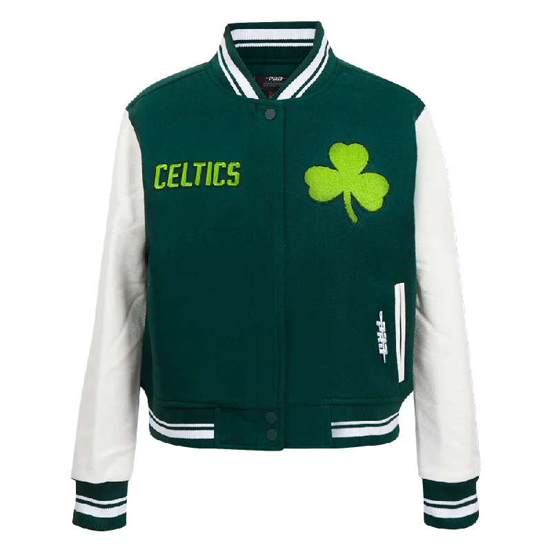NBA BOSTON CELTICS CITY EDITION 24-25 WOMEN'S RIB WOOL VARSITY JACKET (FOREST GREEN/WHITE) Traditional Women's NBA BOSTON CELTICS CITY EDITION 24-25 WOMEN'S RIB WOOL VARSITY JACKET (FOREST GREEN/WHITE) Traditional Women's
