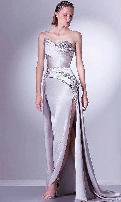 MNM Couture G1336 - Beaded Sash Evening Gown Laid - back Women's Style