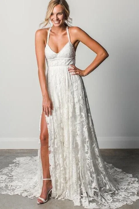 Beautiful Lace Boho Wedding Gown with Halter Straps Bohemian Women's Free