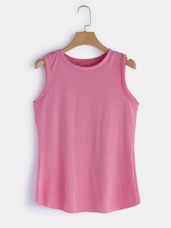 Custom Round Neck Plain Slit Sleeveless Curved Hem Pink Camis Modern Women's Tech