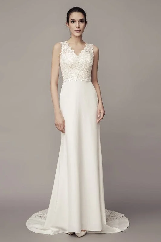 V-neckline Sheath Wedding Dress with Lace Splice Satin Skirt Modern Women's 
