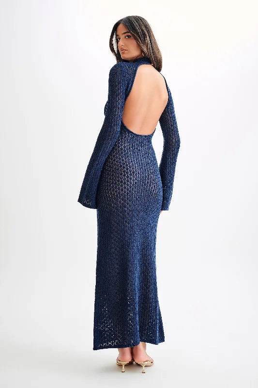 Julia Crochet Open Back Maxi Dress - Navy Elegant Women's Formal 