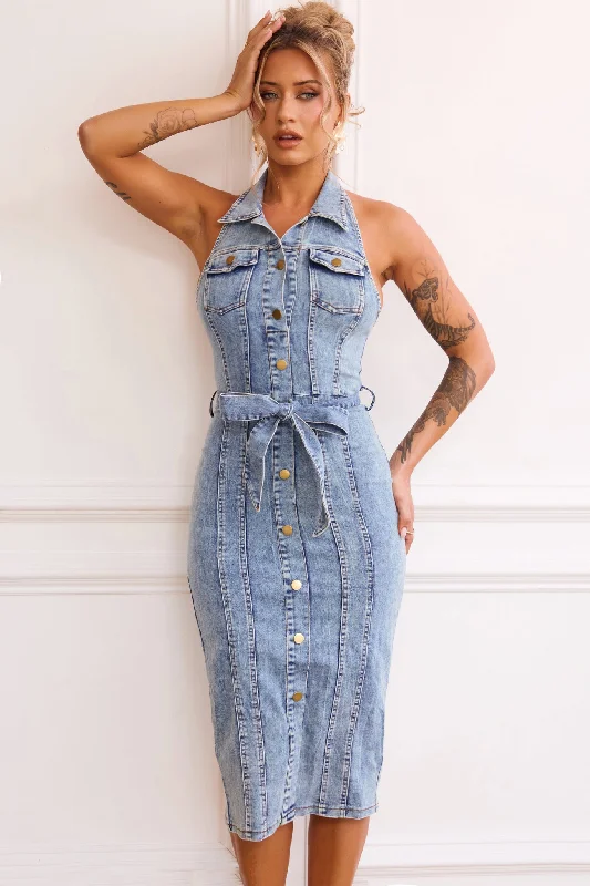 Roadhouse Midi Dress - Washed Blue Elegant Women's Formal 