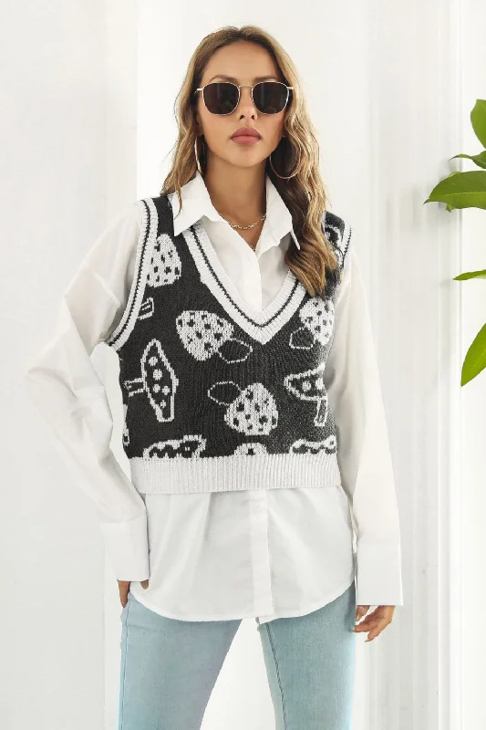 Printed Plunge Neck Sweater Vest Adventure
