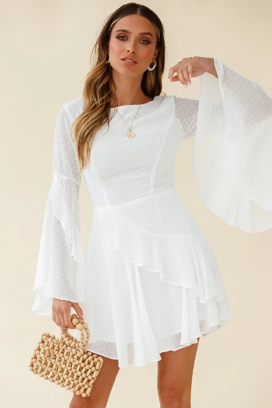 Carlini Flared Sleeve Boat Neckline Dress White Practical Women's Quick - dry