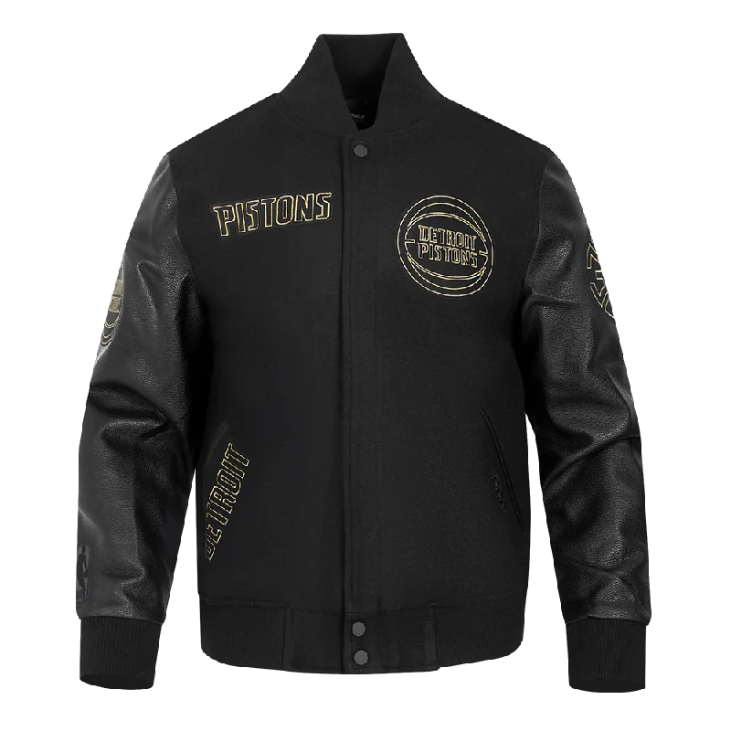NBA DETROIT PISTONS BLACK & GOLD MEN'S WOOL VARSITY JACKET (JET BLACK) British Gentlewoman Style NBA DETROIT PISTONS BLACK & GOLD MEN'S WOOL VARSITY JACKET (JET BLACK) British Gentlewoman Style