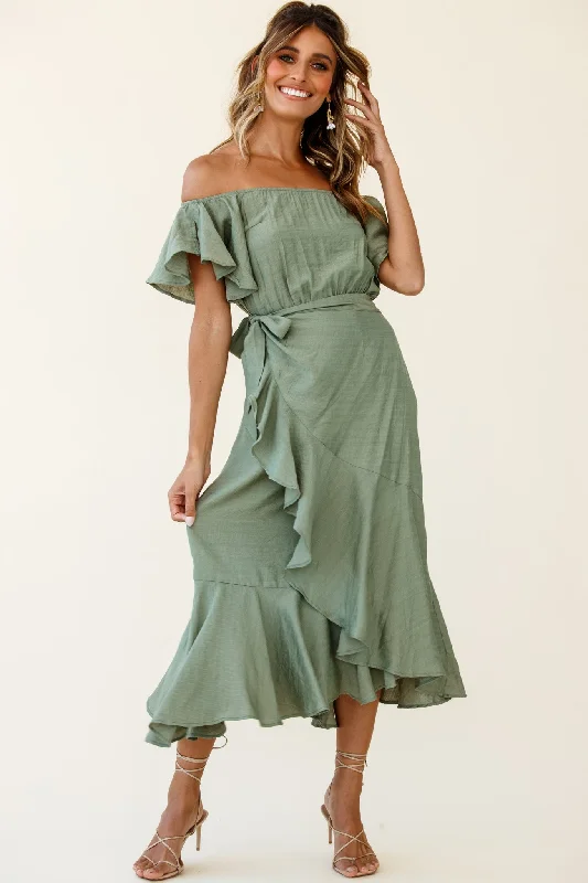 Bettina Bardot Neckline Faux-Wrap Midi Dress Olive Rugged Women's Outdoor 