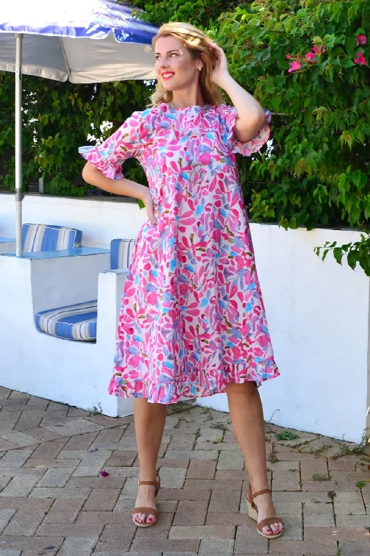 Pink Blue Leaves Print Summer Dress Modern Women's Tech
