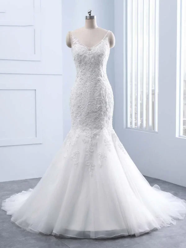 Elegant V-neck Lace Mermaid Wedding Dresses