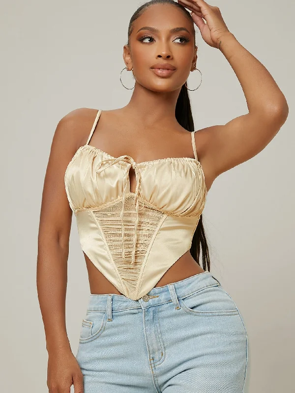 Sexy Plain Ruched Bust Spaghetti Strap Asymmetrical Crop Women Tank Top & Cami