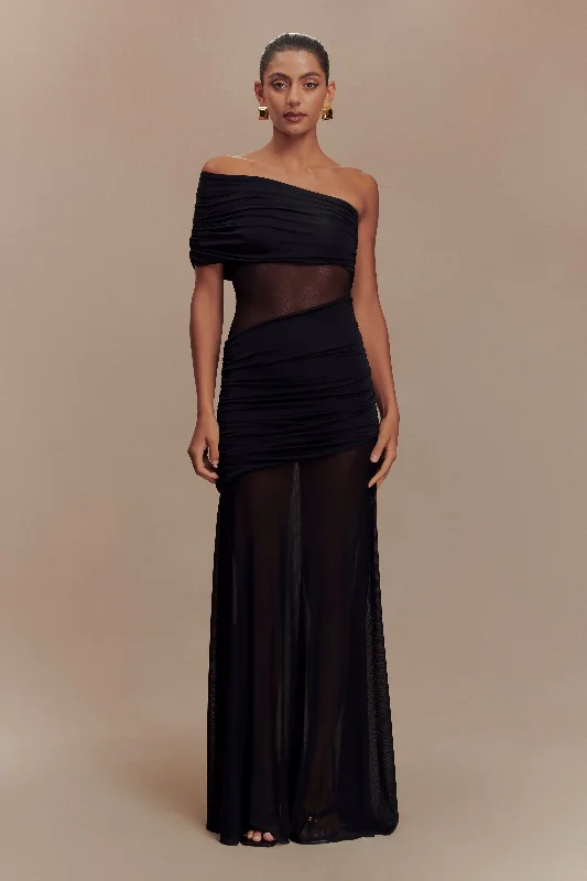 Dallas One Shoulder Mesh Maxi Dress - Black Classic Women's Tweed