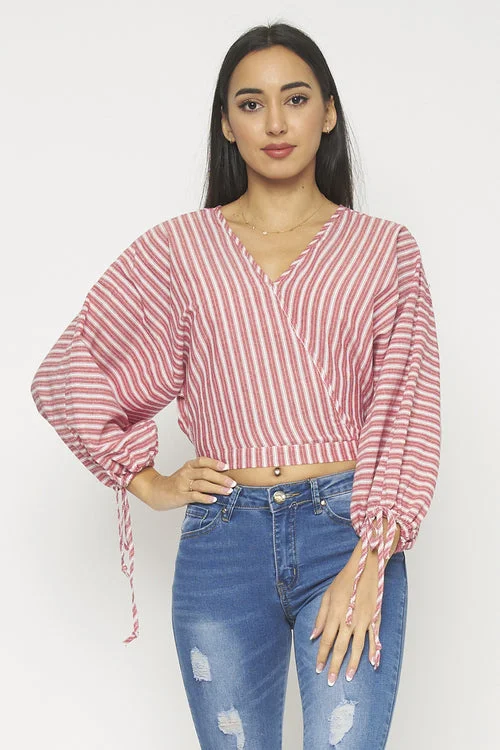 Surplice Pin Striped Wrap Top with Balloon Sleeves and Wrist Ties (T15255)