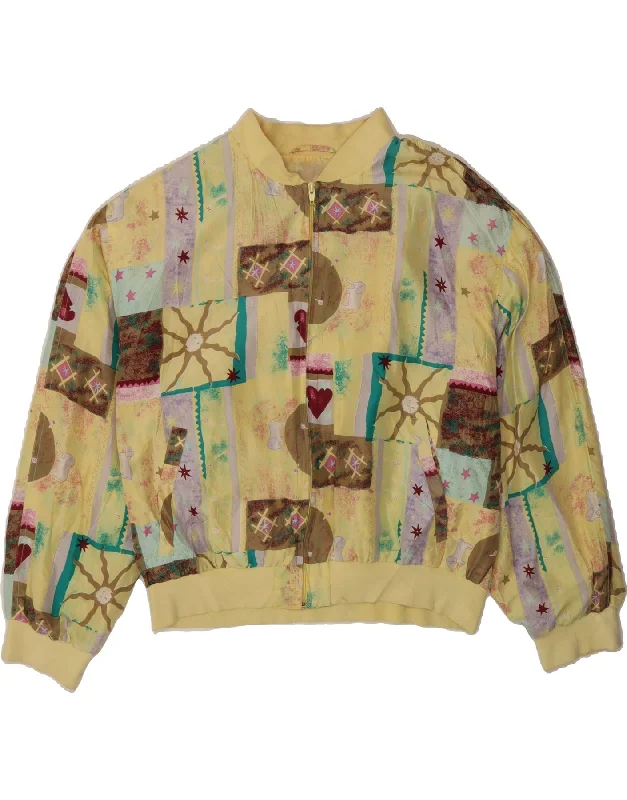 VINTAGE Womens Abstract Pattern Bomber Jacket EU 44 XL Yellow Silk Country