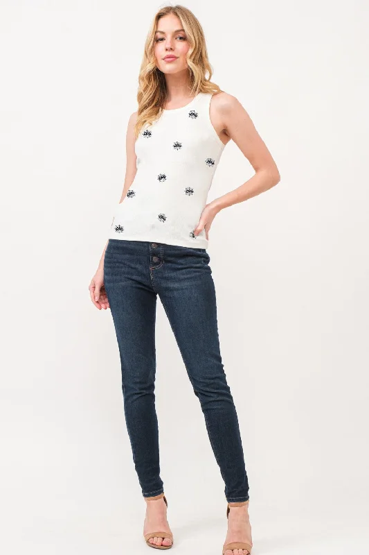 And The Why BOO Spider Web Embroidered Ribbed Tank Cashmere