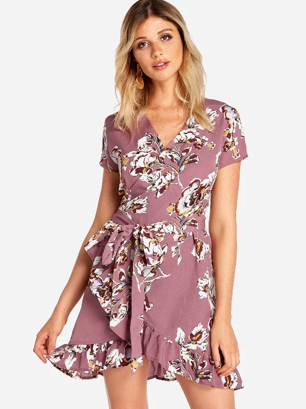 Wholesale V-Neck Short Sleeve Floral Print Self-Tie Pink Mini Dress Earthy Women's Hemp - based