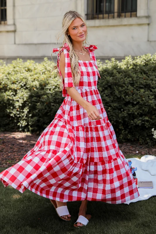 Pretty Picnic Red Gingham Tiered Maxi Dress Practical Women's Quick - dry