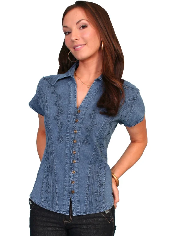 Scully Cantina Womens Dark Blue 100% Cotton Cap Sleeve Vine Blouse Streetwear Style for Scully Cantina Womens Dark Blue 100% Cotton Cap Sleeve Vine Blouse Streetwear Style for