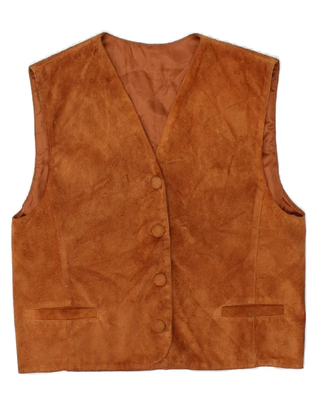 VINTAGE Womens Crop Leather Gilet IT 46 Large Brown Leather Laid - back Women's Style VINTAGE Womens Crop Leather Gilet IT 46 Large Brown Leather Laid - back Women's Style