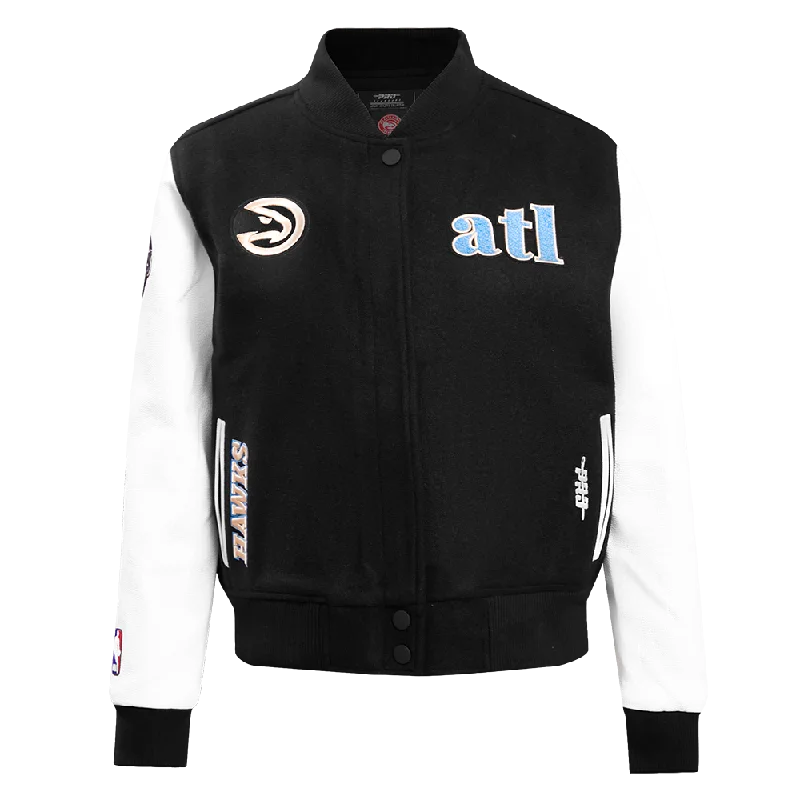 NBA ATLANTA HAWKS CHEST HISTORIC WOMEN'S WOOL VARSITY JACKET (BLACK/WHITE) Modern Women's 