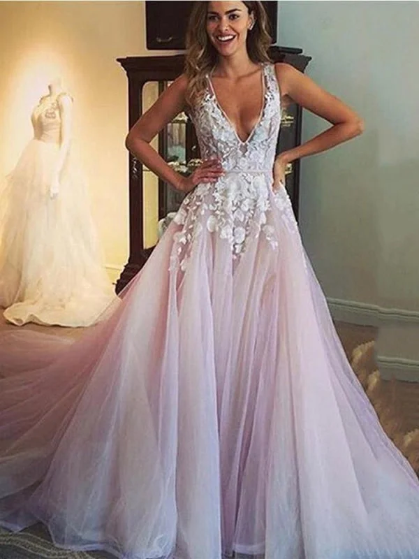 Elegant V Neck Tulle A-Line Wedding Dresses