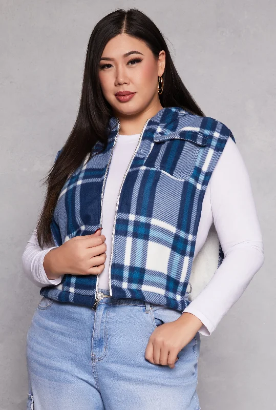 Plus Size Plaid Hooded Zip Front Vest Relaxed Women's 