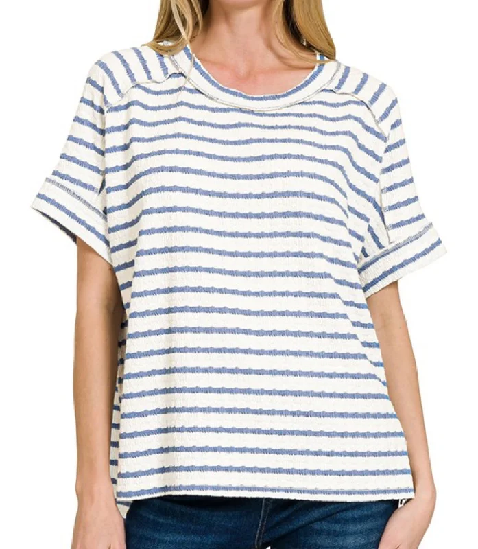 Stripe Textured Tee Denim Blue British Gentlewoman Style