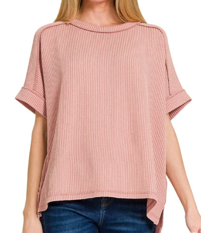 Corded Ribbed Cuffed Sleeve Top Dusty Pink Vintage Women's 1970S 
