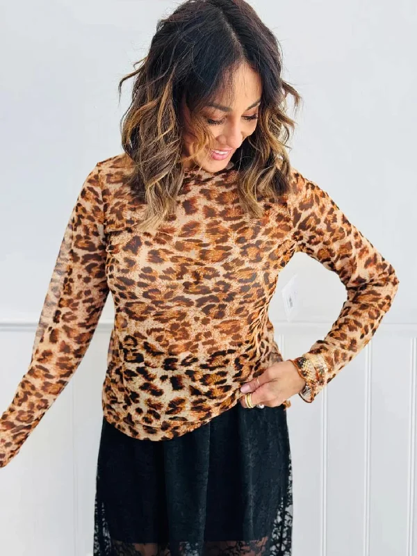 Leopard Print Mesh Layering Top Cozy Women's Sherpa - lined