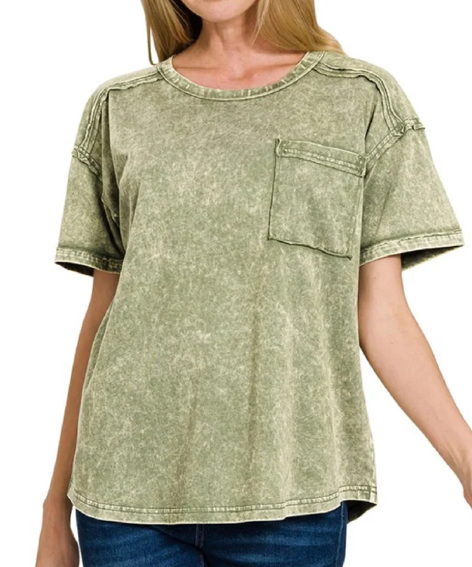 Acid Wash Pocket Tee Light Olive Unique Women's Upcycled