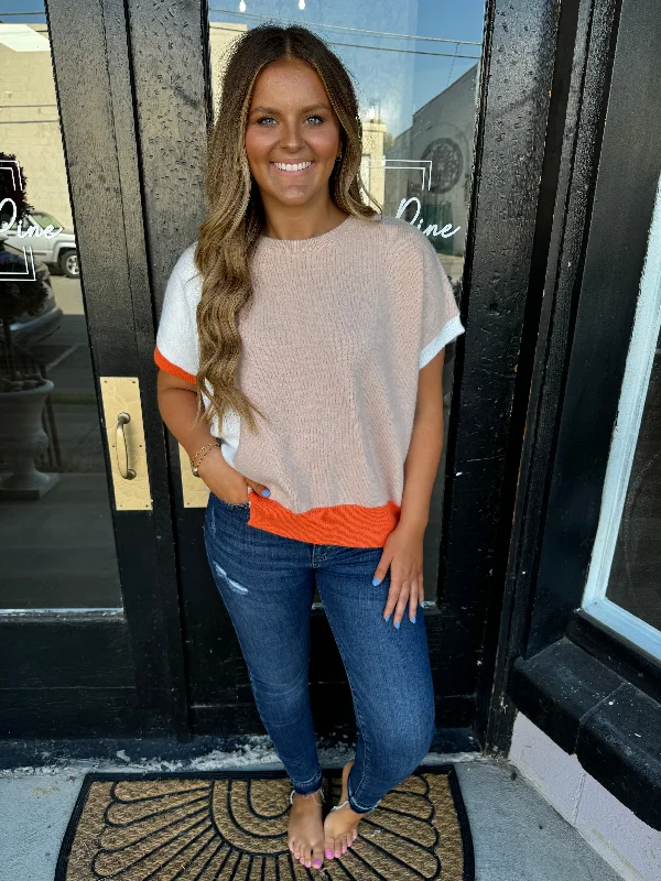 Orange & cream color block short sleeve sweater Women