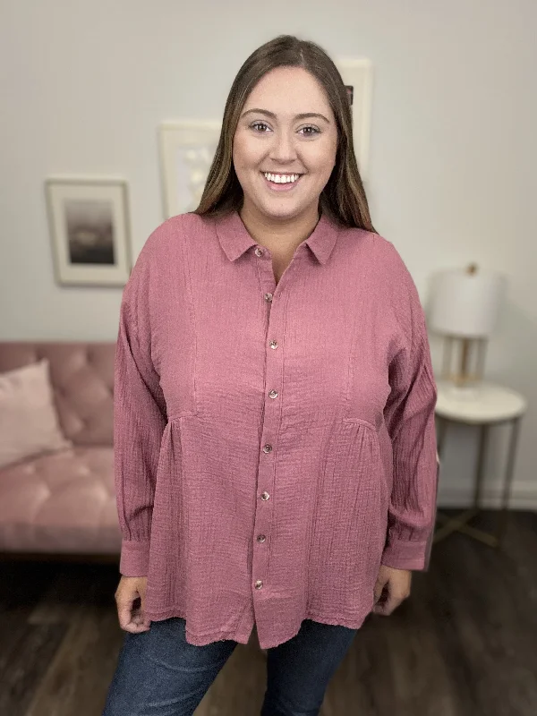 Gotta Move On Collar Button Up Women's Long Sleeve Top Laid - back Women's Vibe
