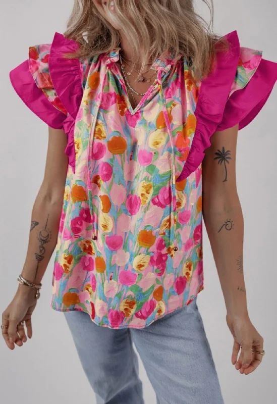 Tulip Floral Flutter Sleeve Top Bohemian Women's Free