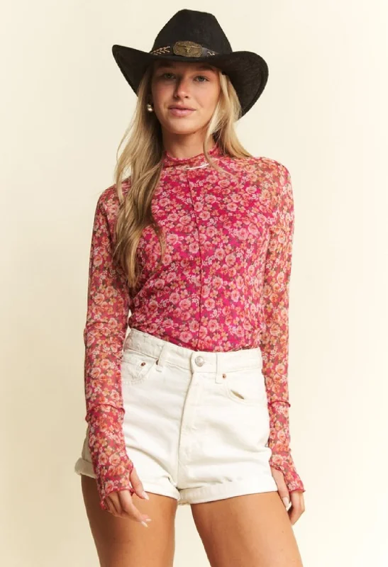 Fuchsia Floral Mesh Layering Top Youthful Women's Pop