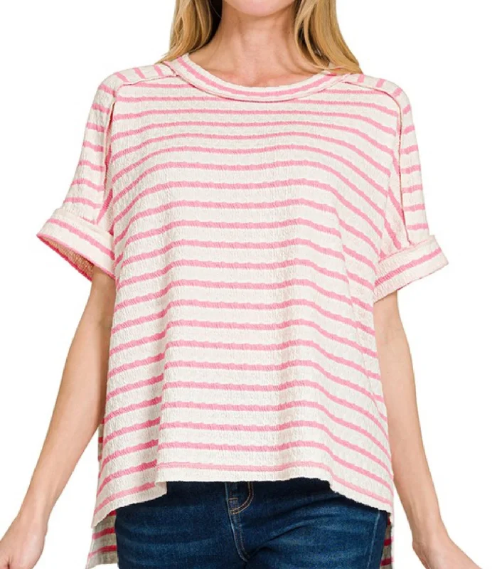 Stripe Textured Tee Pink Luxurious Women's High -  end