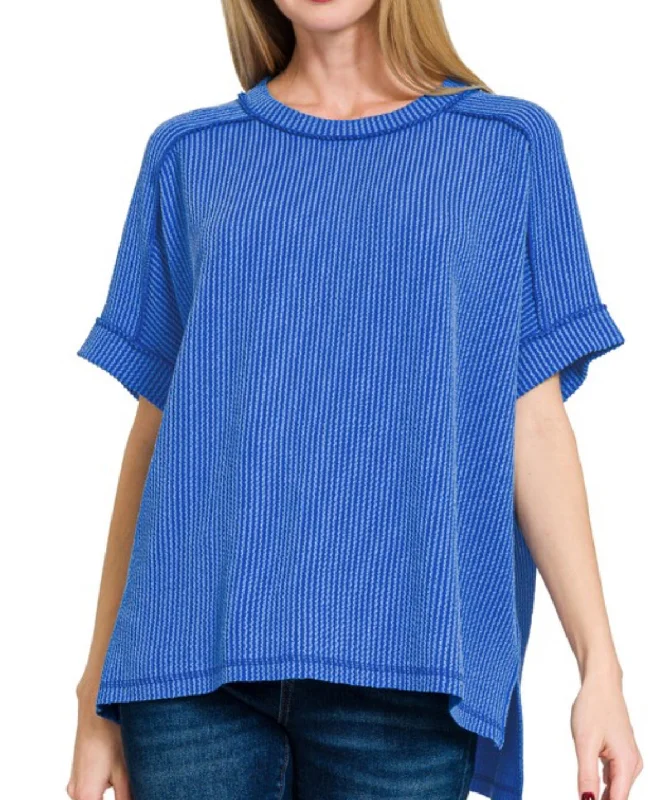 Corded Ribbed Cuffed Sleeve Top Blue Monochromatic All - in - one