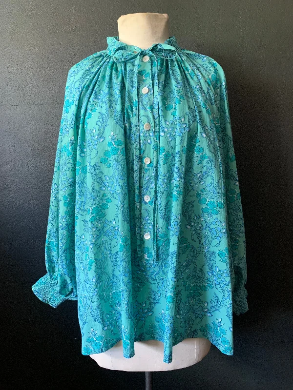 Long Sleeve Faith Top - Printed Cotton - Floral Teals Feminine Women's Style 