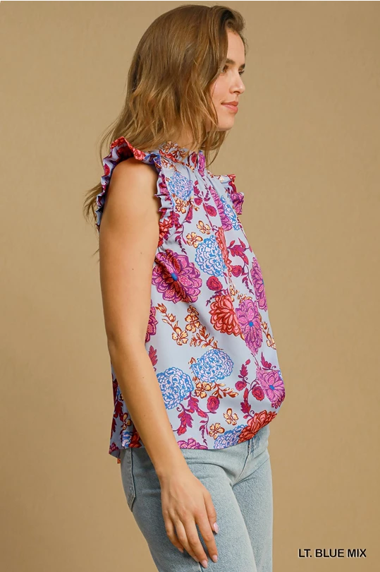 UMGEE Floral Print Ruffle Neck Top Sustainable Organic